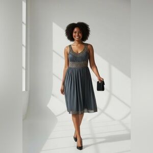 Adrianna Papell Cocktail  dress w crinoline, beading, gorgeous pleating Size 6